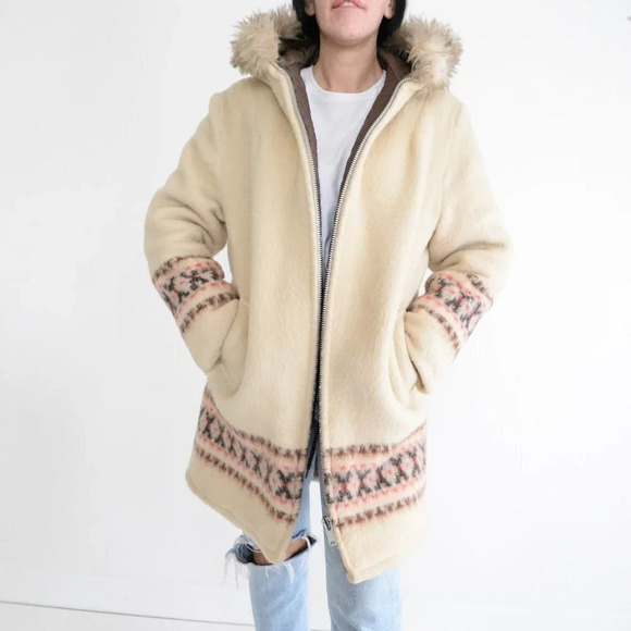 Vintage Gemini 70's Cream  60% Wool Zip Up Winter Coat Icewool Inuit Parka 14M - Picture 1 of 16